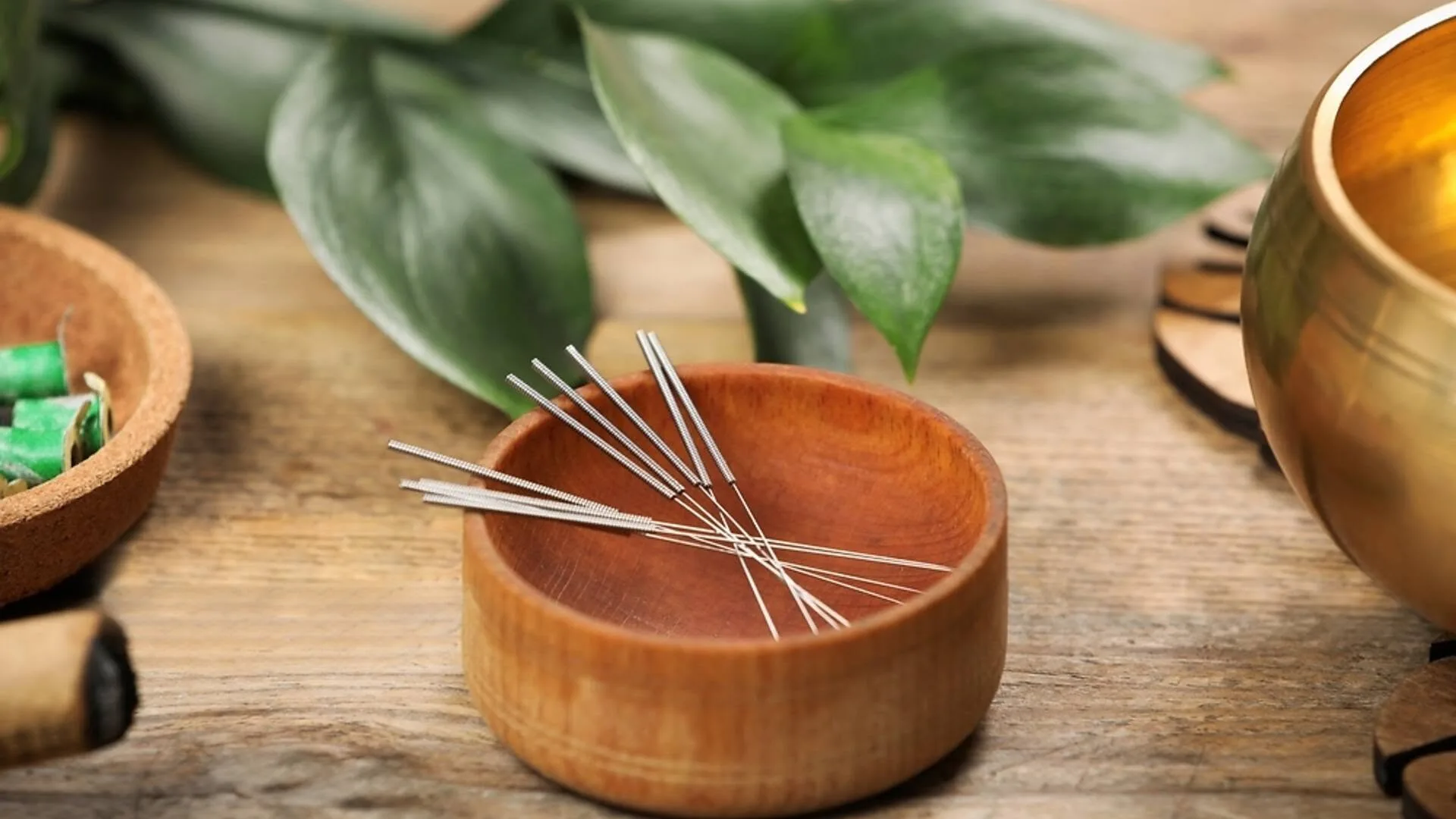 Sterile acupuncture needles resting in a turned wooden bowl alongside a brass singing bowl and moxa
